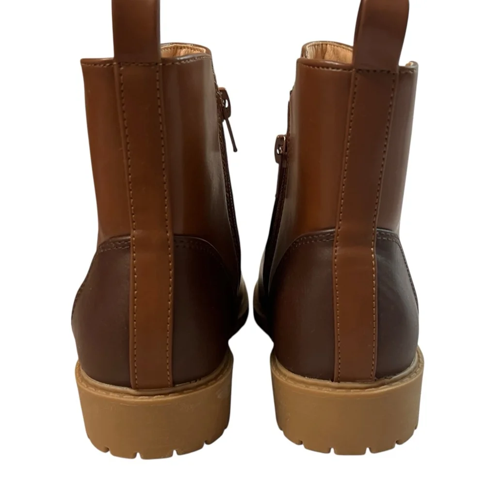 Brown Side Zip Lug Sole Ankle Boots Girls Size 4Y Faux Leather Chelsea Style